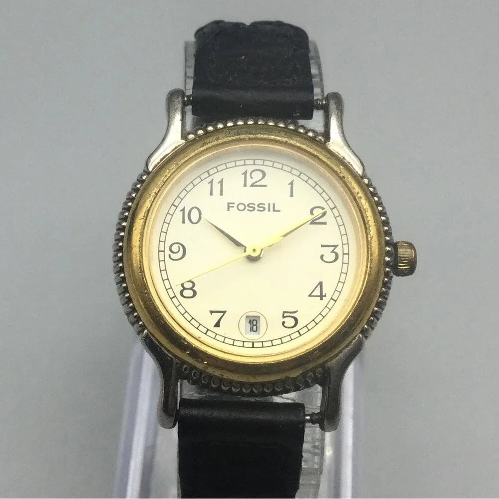 Vtg Fossil Women Watch 27mm Two Tone Braided Black Leather Date New Battery